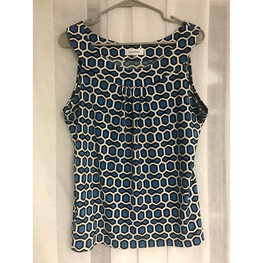 Calvin Klein Blue Black Geometric Honeycomb Sleeveless Shell‎ Blouse Top Large